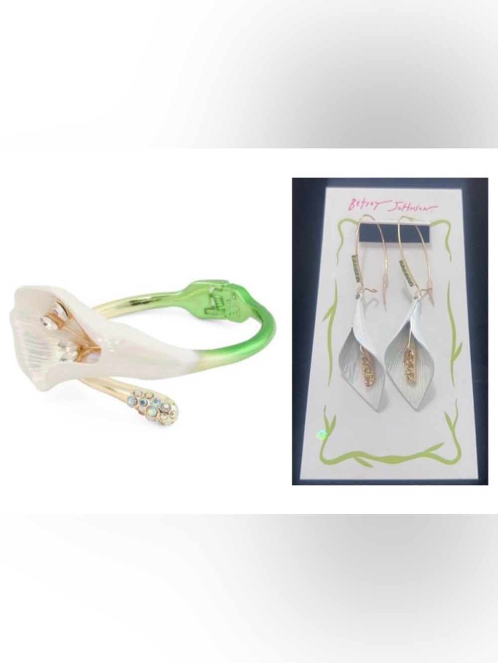 BETSEY JOHNSON SET Elegant Calla Lily Bypass Bracelet & Matched Earrings NEW NWT